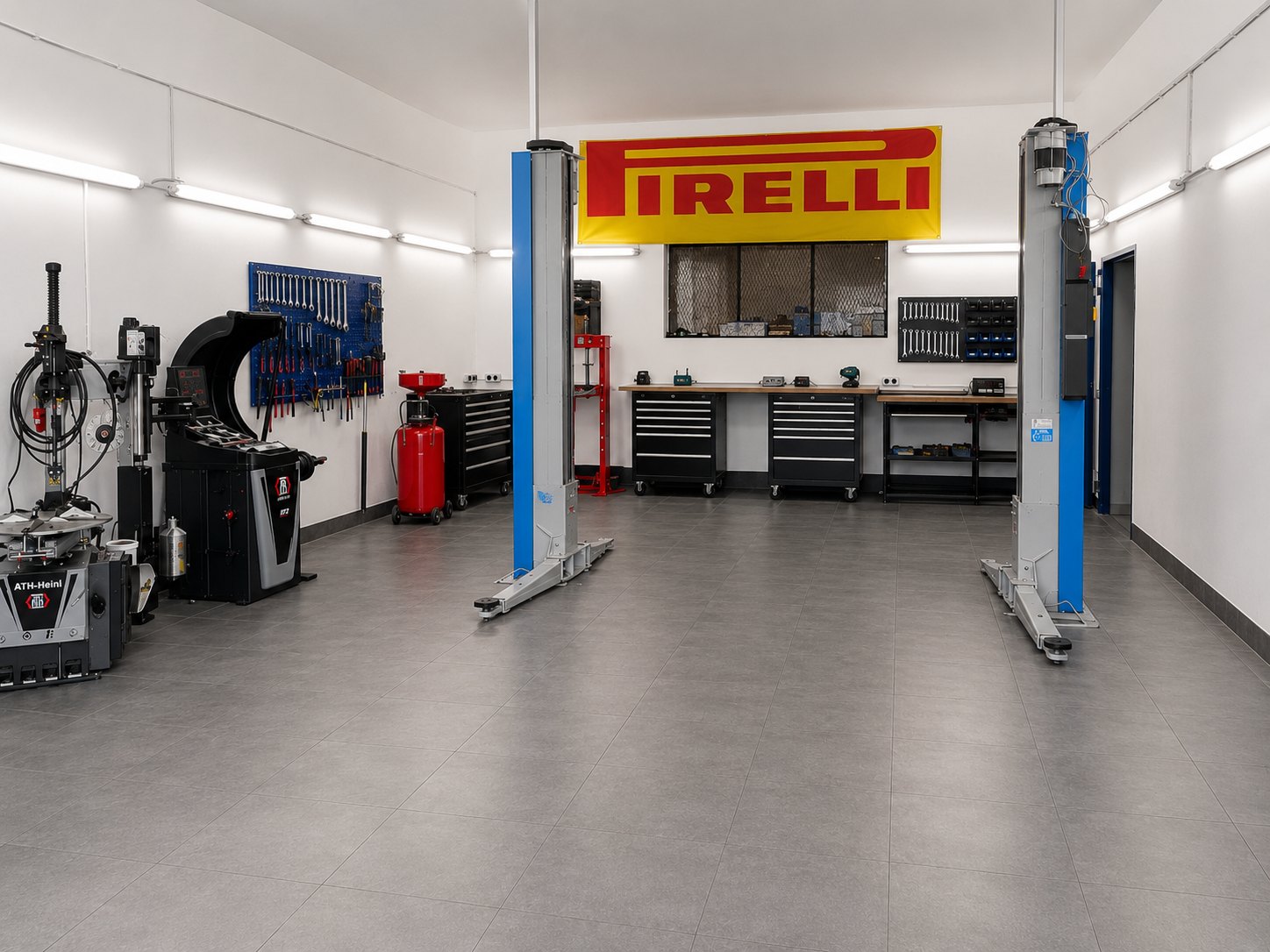 Werkstatthalle mit zwei Hebebühnen und Reifenmontiermaschine